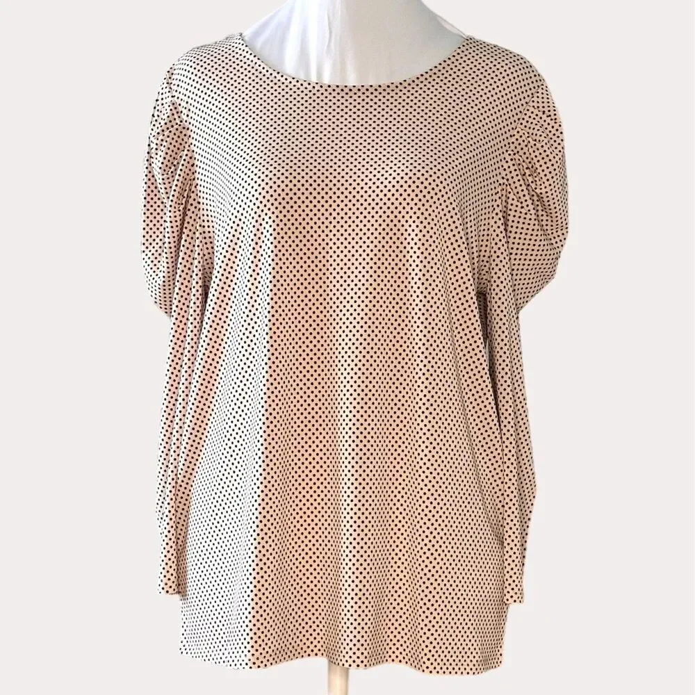 Adrianna Papell Slinky Knit Puff Sleeve Blouse Top Polka Dot Peach M NWOT